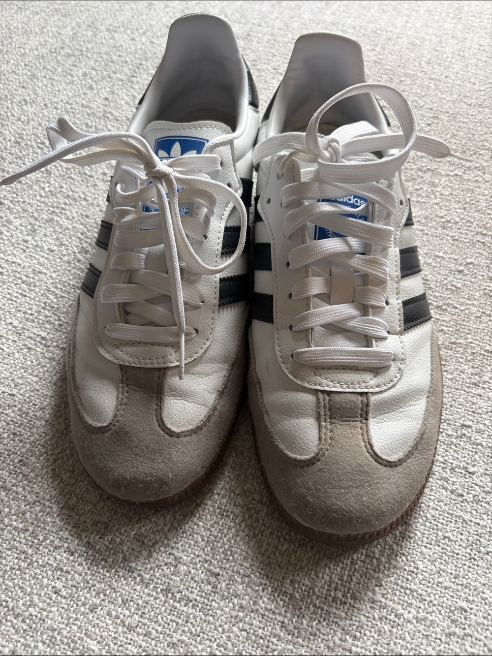 adidas White Sneakers with Black Stripes and Gray Suede